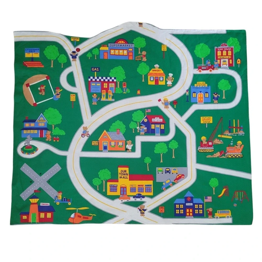 Vintage Kids Our Town Teddy Bear Road Map Play Mat Fabric Panel Traffic 44x36.5